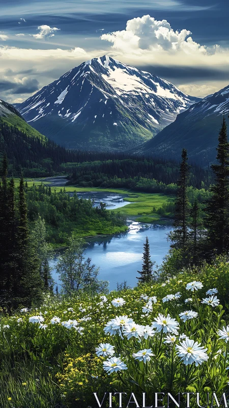 Snowcapped mountain above river valley and wildflower meadow