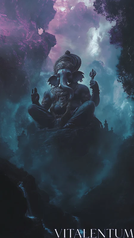 Mystic elephant deity resting in a twilight mountain temple.