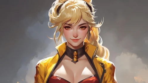 Golden haired heroine in yellow jacket, cinematic lighting.