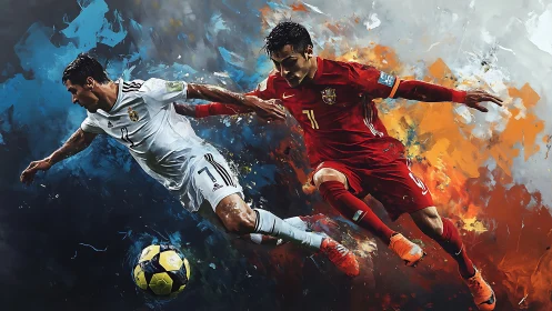 Dynamic soccer duel amid shattered color explosions.