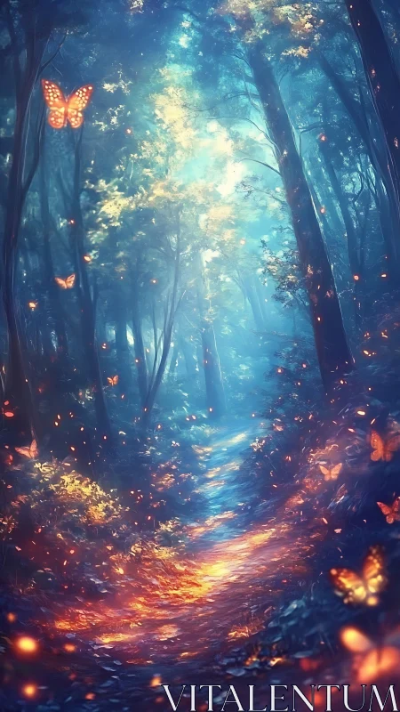 Luminous Forest Path Where Butterflies Dance in Enchanted Light.