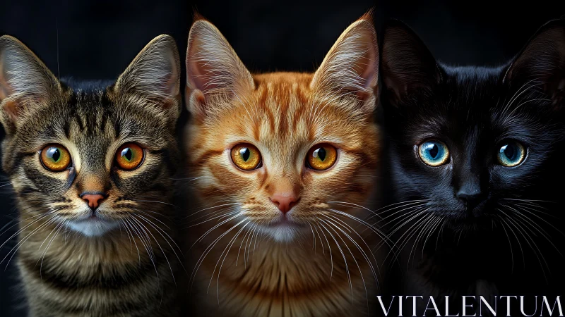 Three Feline Portraits Against Dark Background.