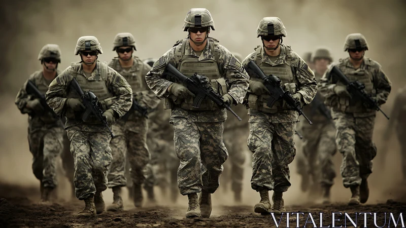 Armed infantry unit advances through dust in dynamic formation