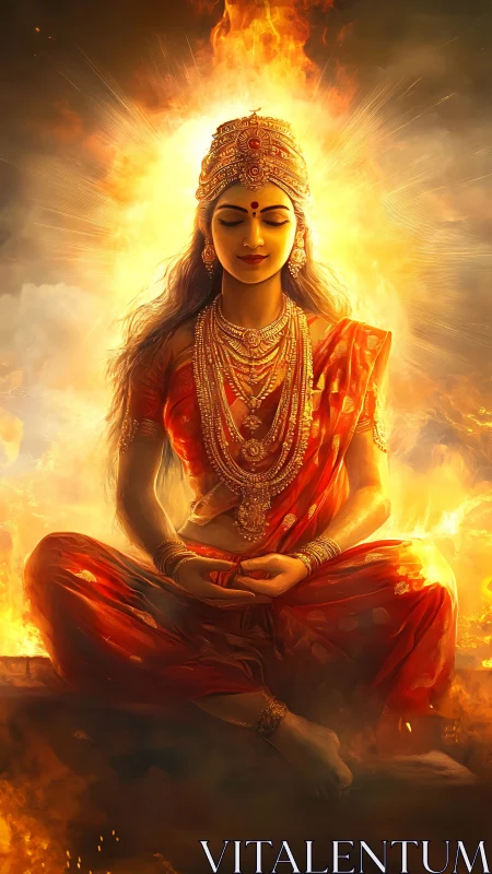 Radiant Hindu goddess meditates within blazing sacred fire