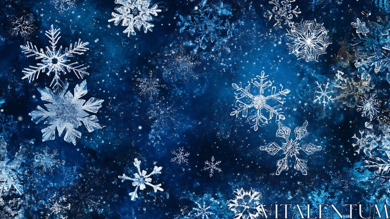 Intricate crystalline snowflakes over deep textured winter sky.