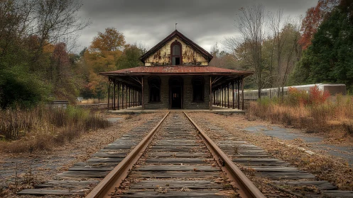Forgotten autumn rail station under brooding storm clouds.