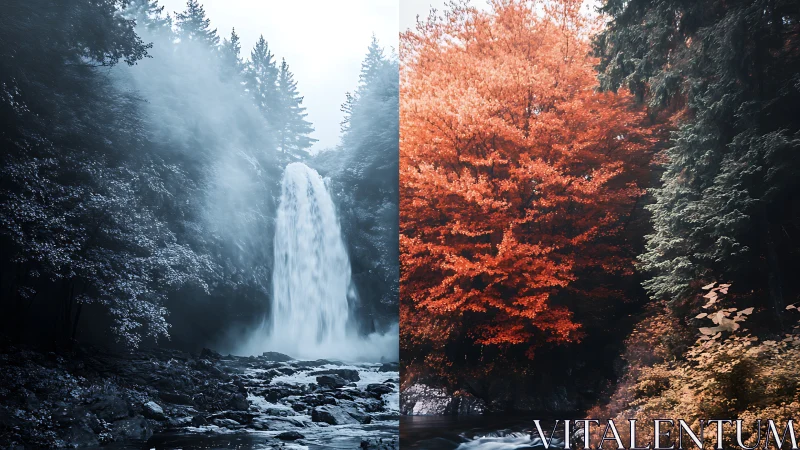 Landscape shows bifurcated forest scene with waterfall contrast
