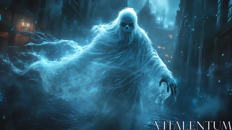 Translucent spectral figure advances through narrow alleyway