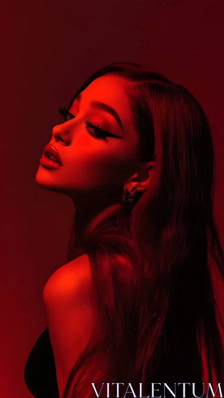 Red-lit side profile portrait exudes dramatic elegance.