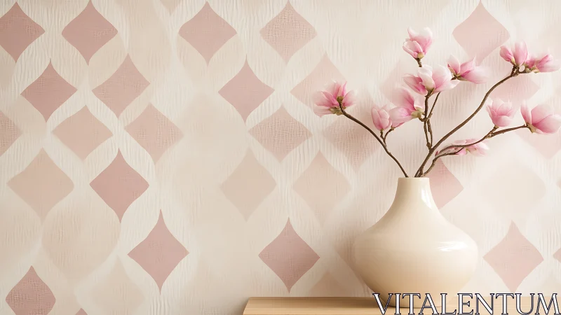 Minimalist cream vase with magnolia stems and pastel wall.