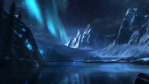 Aurora floods a frozen mountain lake with icy celestial light