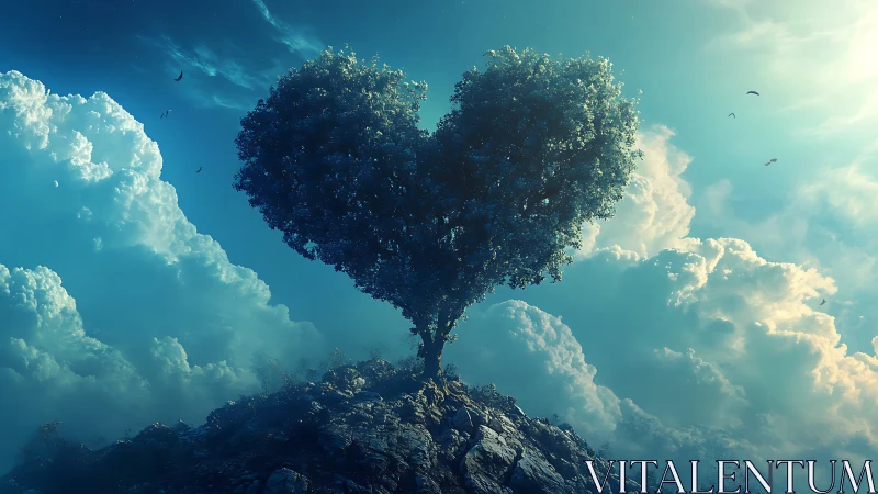 Heart-Shaped Tree Floating in Sky with Clouds.