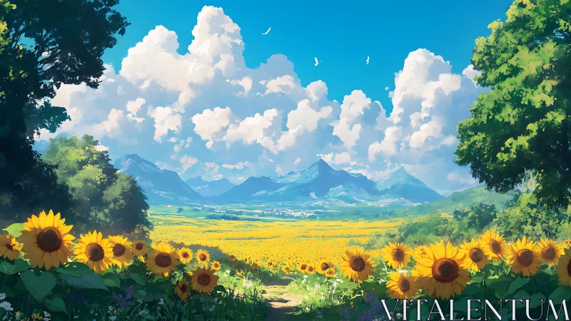 Sunflower valley under cumulonimbus towers and distant peaks.