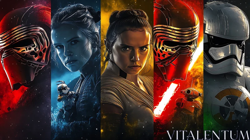 Split-panel sci-fi character montage with vivid color gradients