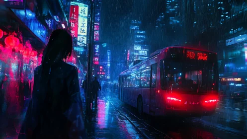 Neon rain stitches a lone wanderer to a crimson city bus