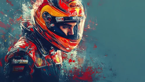 Digital portrait of helmeted racing driver in profile view.