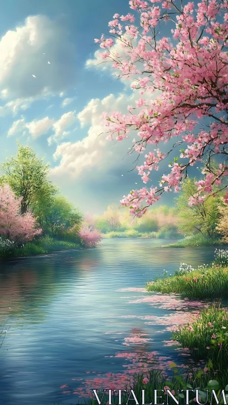 Spring river landscape with luminous sakura reflections.