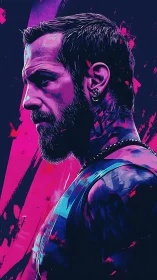 Bearded tattooed man in neon pink and blue portrait profile.