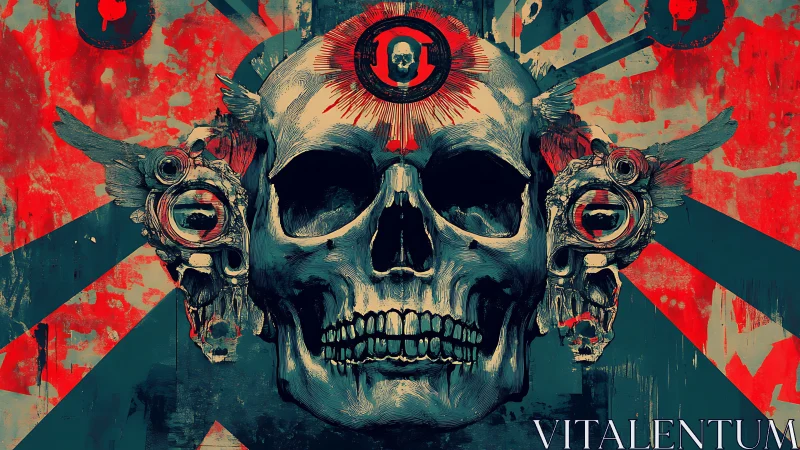 Distressed cyan-red skull triptych with mechanical wings and sigil