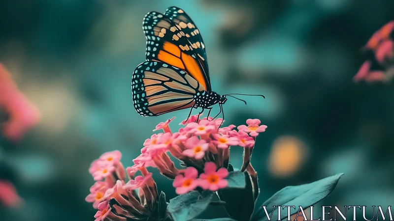 Butterfly pauses on coral blooms in a dreamy garden glow.