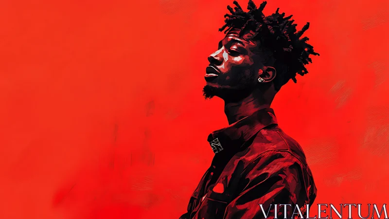 Bold red portrait captures quiet confidence in profile view