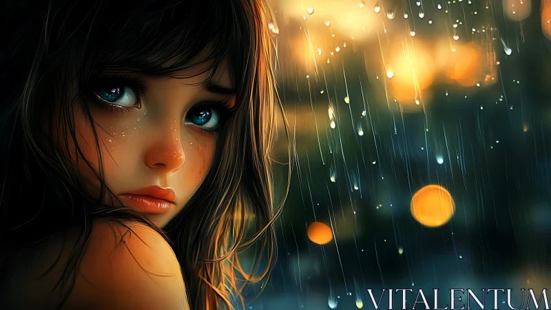 Melancholic girl in rain with cinematic bokeh lighting portrait