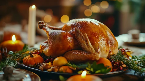 Holiday roast turkey glows amid candlelit harvest feast.