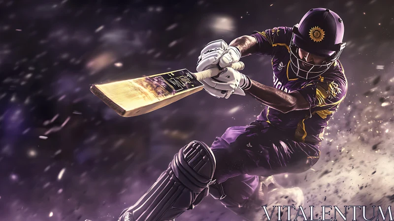 Cricket batter drives the ball in a powerful purple blur