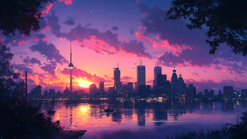 Digital painting skyline at dusk with reflective waterfront lighting.