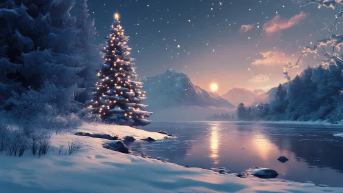 Starlit fir tree guarding a hushed winter lakeside dusk.