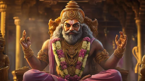 Divine guru on golden throne in ornate temple interior.