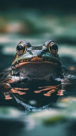 Frog emerges at water surface with shallow depth of field