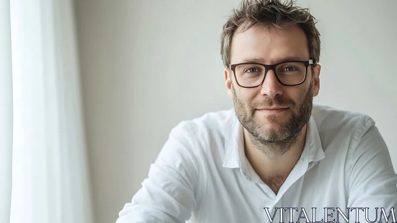 Man with glasses in white shirt in bright indoor setting.