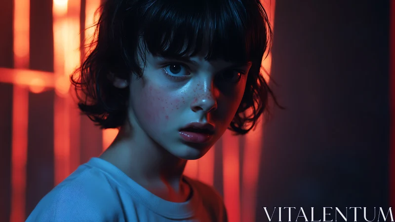 Child portrait shows intense gaze in blue and red light