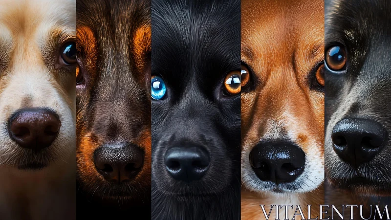 Parade of dog noses and eyes in bold close-up stripes.