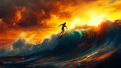 Sunlit surfer dancing along a blazing sunset wave.