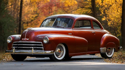 Vintage red coupe car parked on forest road in autumn