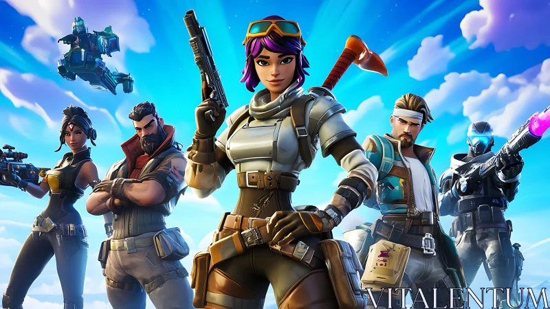 Colorful squad of stylized heroes in dynamic battle pose.