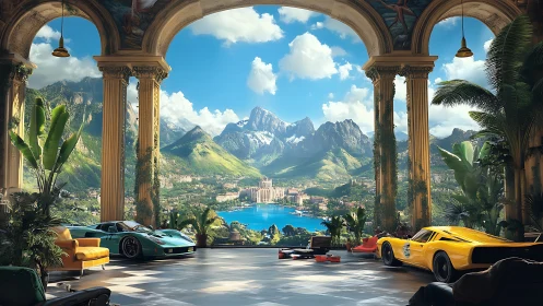 Grand terrace supercar gallery facing alpine lake panorama.