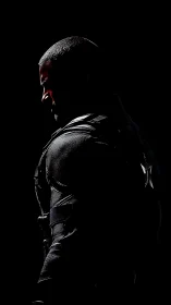 Armored soldier stands in dramatic red rim lighting silhouette