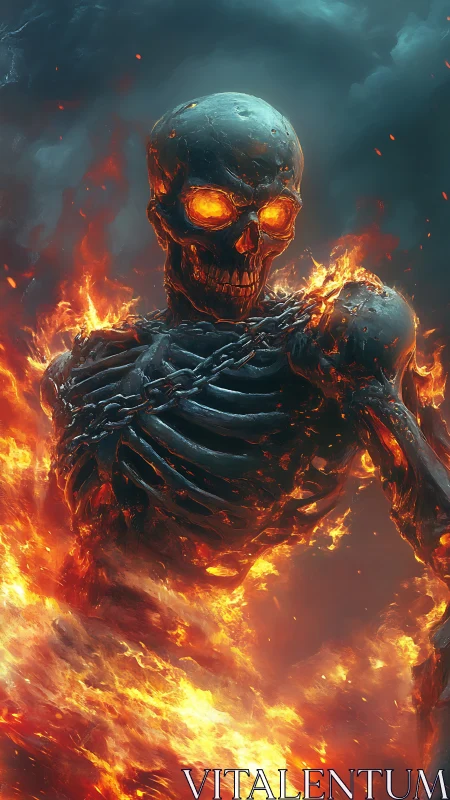 Flaming skeletal titan emerges from inferno storm sky.