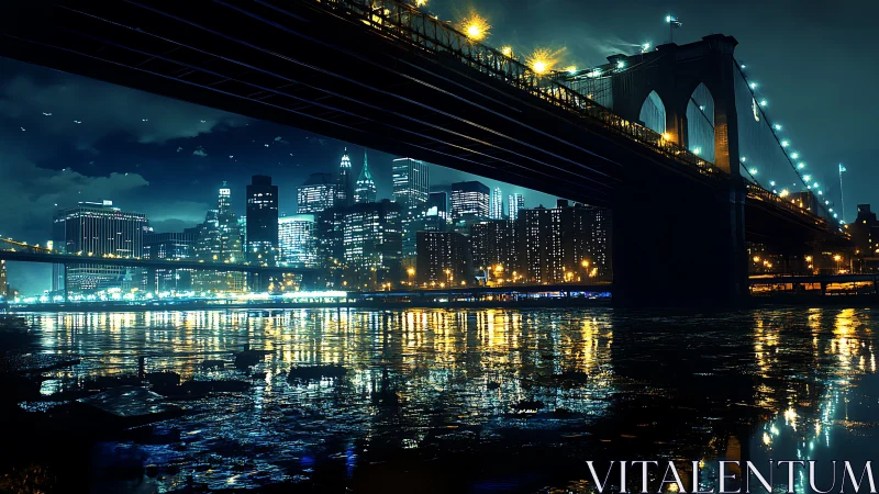 Night urban bridge and skyline over reflective river surface.