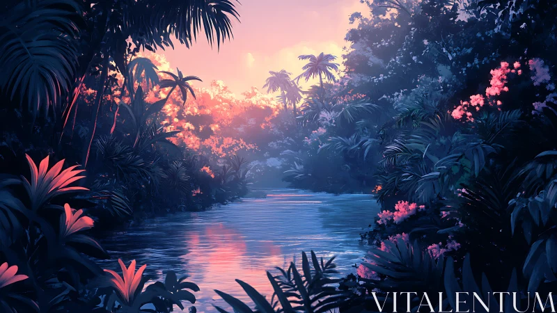 Luminous tropical river gorge with neon-infused foliage at dusk.