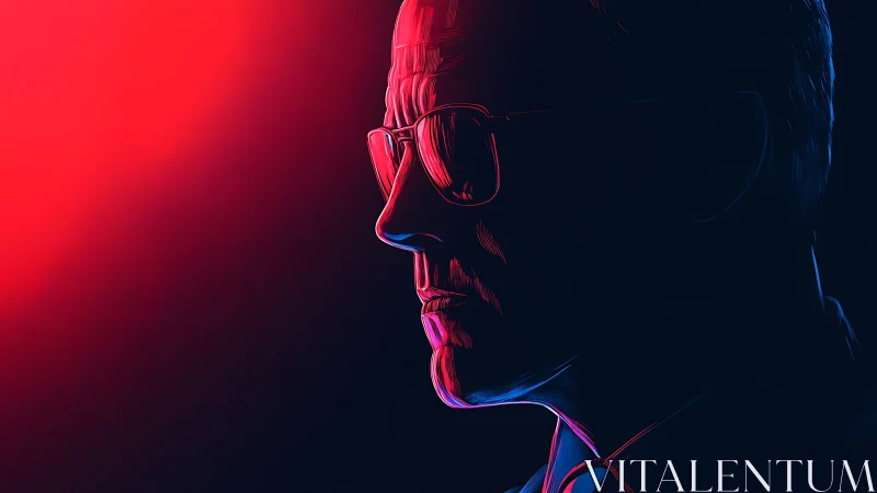 Thoughtful neon silhouette in glowing red and blue light.