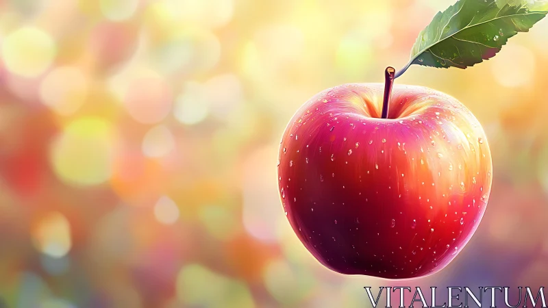 Red apple with water droplets against defocused bokeh field.