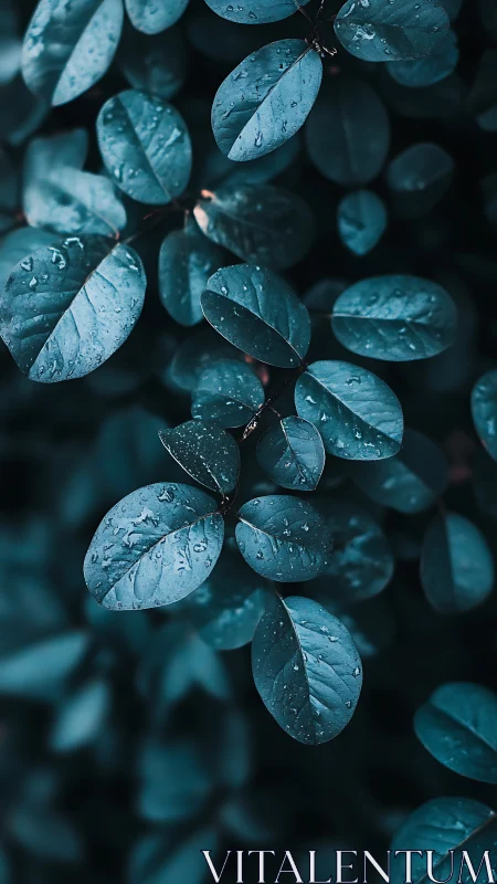 Macro close-up of rain-soaked blue foliage with shallow depth