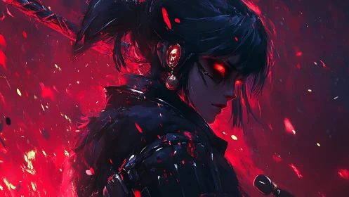 Warrior with glowing red eyes stands in swirling embers