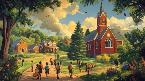 Sunlit village path with children walking to red church.