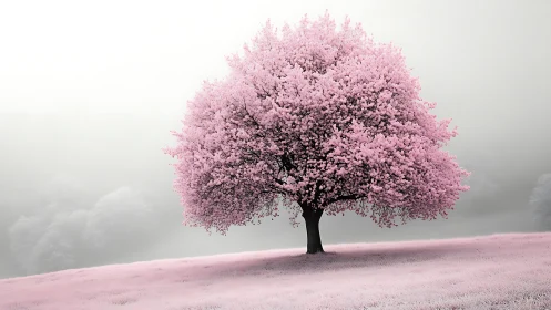 Solitary pink blossom tree on misty desaturated hillside.