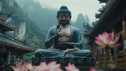 Large Buddha statue in temple courtyard with lotus flowers.